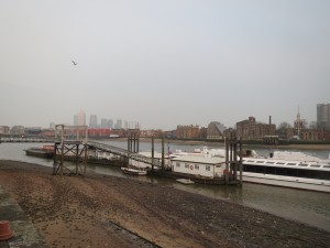 The view from The Captain Kidd towards Canary Wharf