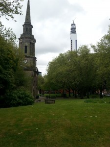 The tower of St. Paul's Church (left) and the BT Tower (right)